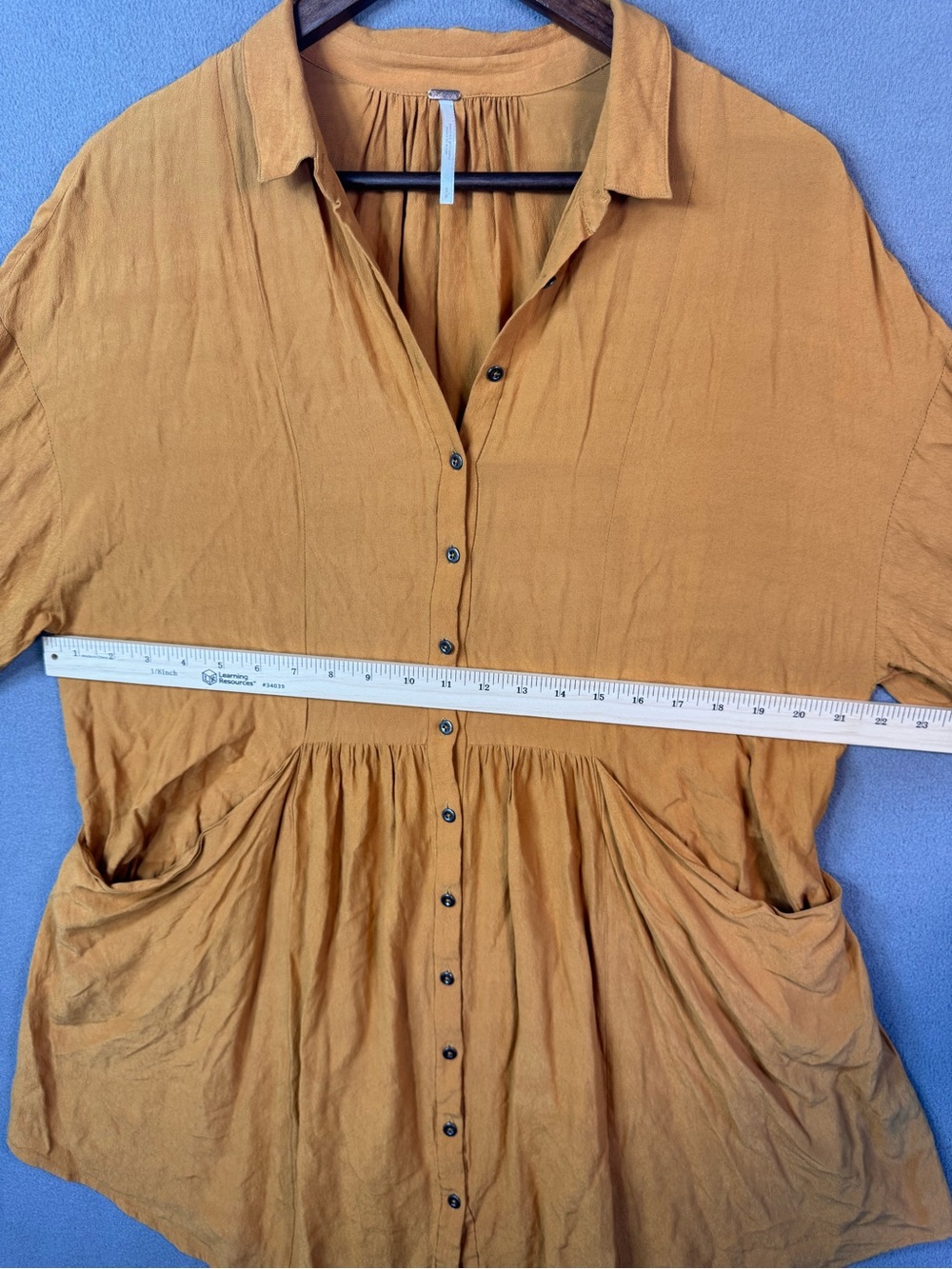 Free People Boho Mustard Yellow Gathered Waist Front Pocket Tunic Dress, S - Picture 5 of 14